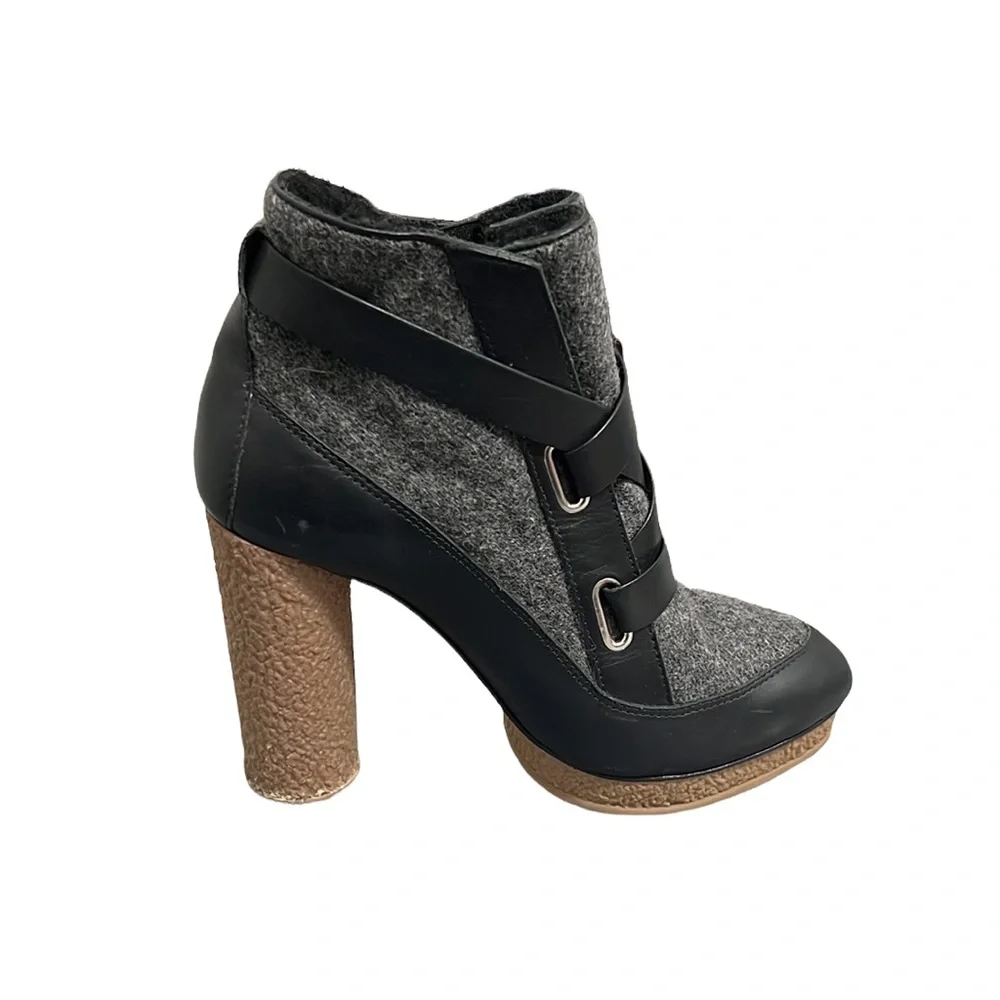 Loeffler Randall Serena Black Leather & Gray Flannel Platform Boots Size 8